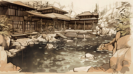Illustration of a wooden house on the bank of the river.の素材