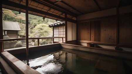 Japanese style bath in a Japanese house with a view of the gardenの素材