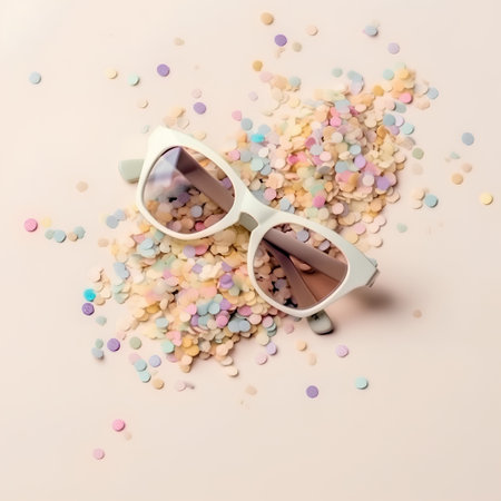 Sunglasses and colorful confetti on pink background. Flat lay, top view.の素材