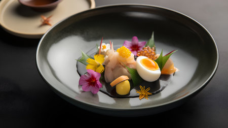 Japanese food, sashimi with egg and seaweed in black plateの素材