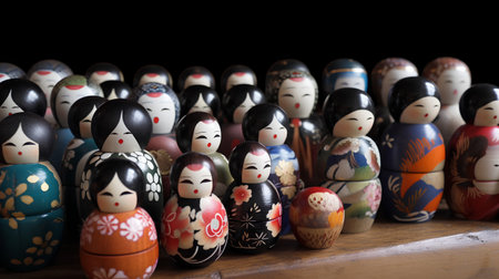 Matryoshka dolls in a row on black background. Selective focus.の素材