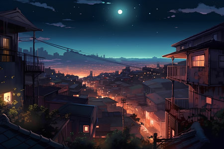 City at night with moon and stars in the sky, vector illustrationの素材