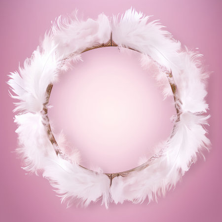 Round frame made of feathers on a pink background. 3d renderingの素材