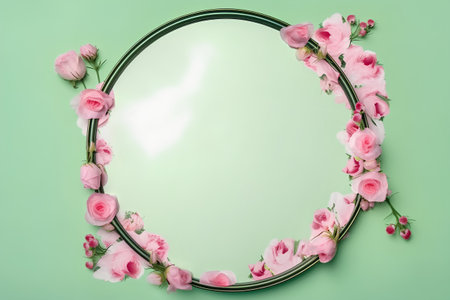 frame with pink roses on green background, top view, copy spaceの素材