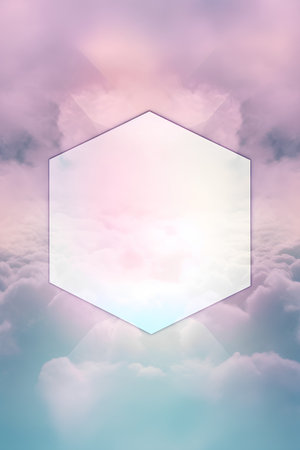 Hexagon frame in the sky with clouds. Vector illustration.の素材
