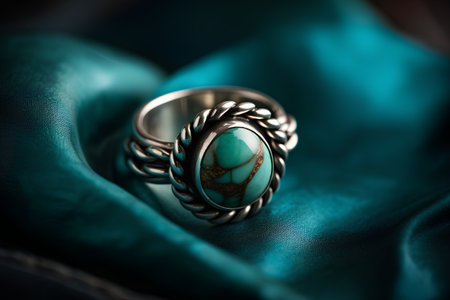 Jewelry ring with turquoise stone on green satin backgroundの素材