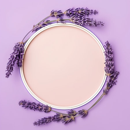 Round frame with lavender flowers on purple background. Flat lay, top view.の素材