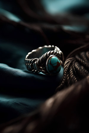 Silver ring with turquoise stone on blue satin background.の素材