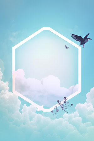 Hexagon frame with blue sky and white clouds and flying birdsの素材