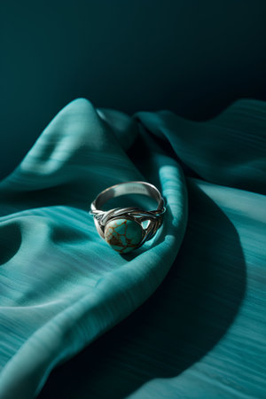 wedding rings on a turquoise background with green fabricの素材