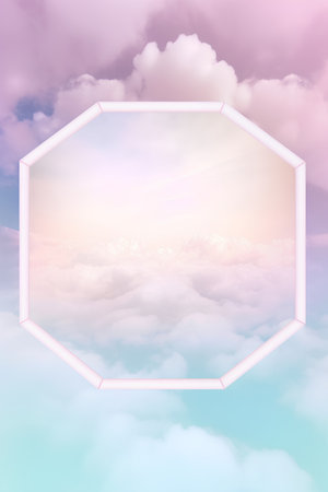 Hexagon frame on the sky background with clouds. Vector illustration.の素材