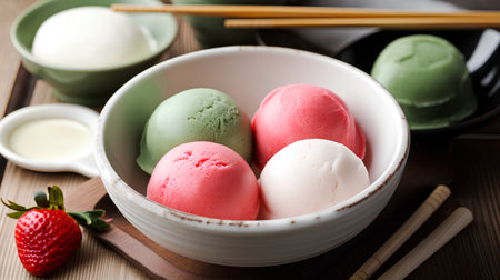 Ice cream scoops in bowl with chopsticks on wooden table.の素材