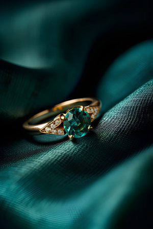 Wedding ring with emerald on a green satin backgroundの素材