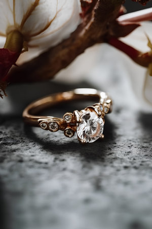wedding ring with diamonds on the background of a blossoming branchの素材