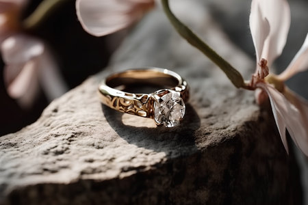 wedding ring with flowers on wooden background, shallow dofの素材