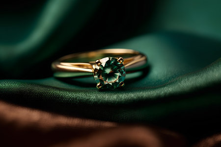 Wedding ring on green satin background with shallow depth of fieldの素材