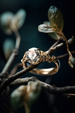 Wedding rings with diamonds on branch with leaves on dark backgroundの素材
