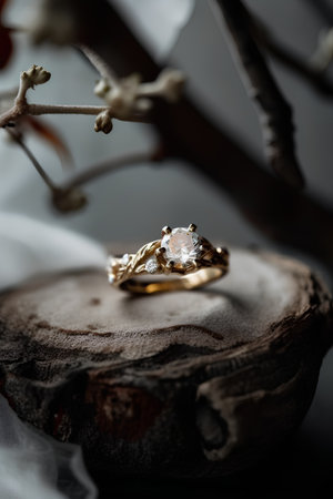 Diamond ring on a tree branch. Wedding concept. Selective focus.の素材
