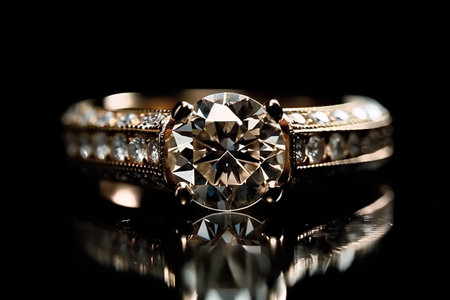 Jewelry diamond ring on a black background close-up.の素材