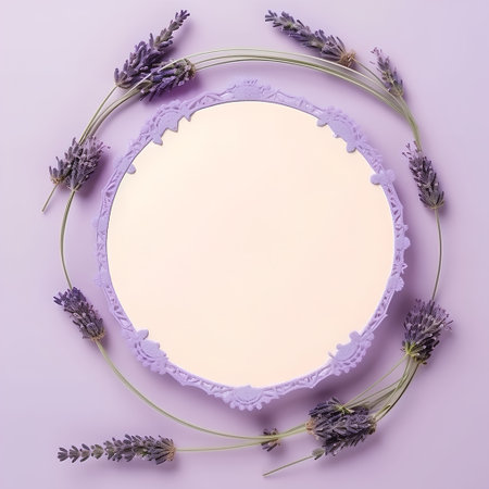 Round frame with lavender flowers on violet background. Flat lay, top view.の素材