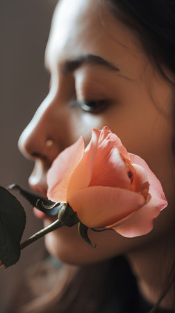 Close-up portrait of a beautiful young woman with rose flower.の素材