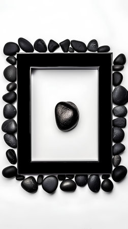 black and white photo frame with zen stones on the white backgroundの素材