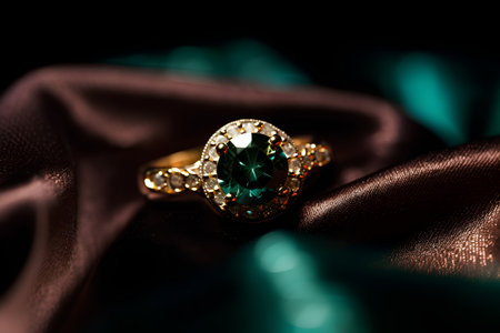 jewelry ring with green emerald on the satin backgroundの素材