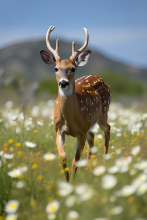 Whitetail deer buck standing in a field of daisiesの素材