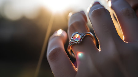 Diamond ring in the hand of a girl on a background of the sunの素材