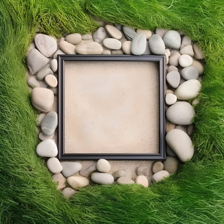Photo frame with green grass and pebbles on the ground.の素材