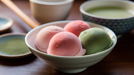ice cream scoops in bowl with matcha tea on wooden tableの素材