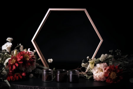 Beautiful composition of dried flowers on a black background with a frameの素材