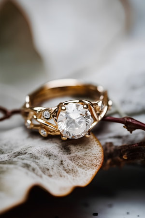 Golden ring with diamonds on a branch of a tree, selective focusの素材