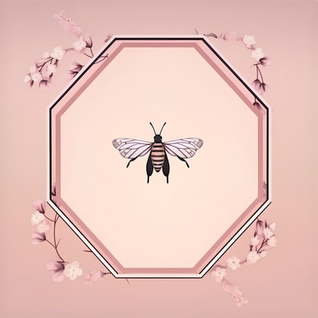 Honey bee on a pink background with flowers and hexagon frameの素材
