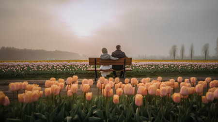 Couple sitting on a bench and looking at the tulip fieldの素材