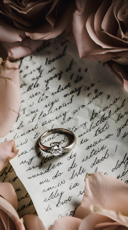 Wedding rings on a sheet of paper with a handwritten letterの素材