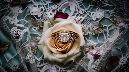 Wedding rings on the background of a white rose and laceの素材