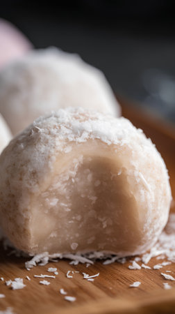 Close up of coconut balls with coconut flakes on wooden cutting board.の素材