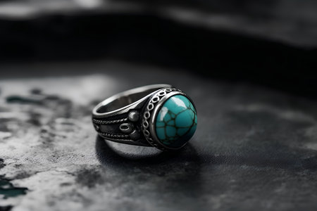 Jewelry ring with turquoise stone on a dark backgroundの素材