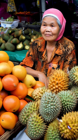 Thai woman selling fruit at the market in Bangkok, Thailand.の素材