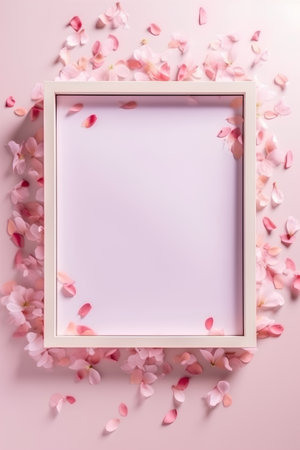 White frame with pink petals on pink background. Flat lay, top viewの素材