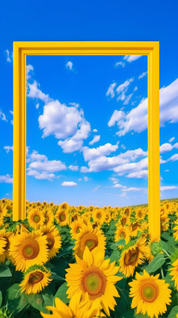 Sunflower field with yellow frame, blue sky and clouds in backgroundの素材