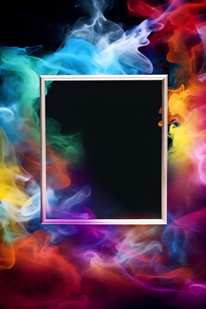 Photo frame with colorful smoke on black background. Space for your textの素材