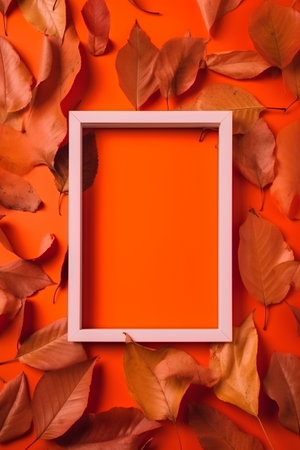Autumn leaves and photo frame on orange background. Flat lay, top viewの素材