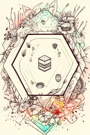 Hexagon frame with hand drawn elements. Vector sketch illustration.の素材