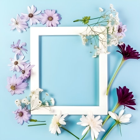 Flowers composition. Frame made of white flowers on blue background. Flat lay, top view, copy spaceの素材