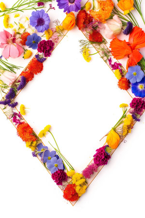 Frame made of flowers on white background. Flat lay, top view.の素材