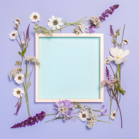 Flowers composition. Frame made of wild flowers on pastel blue background. Flat lay, top view, copy spaceの素材