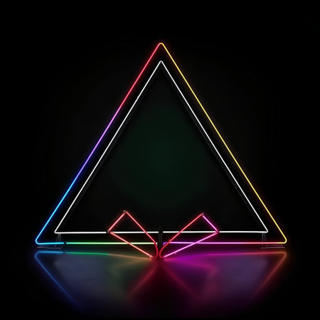 Neon triangle on a black background. 3D rendering. Neon lights.の素材