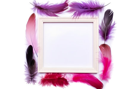 Photo frame with feathers on white background. Place for your text.の素材